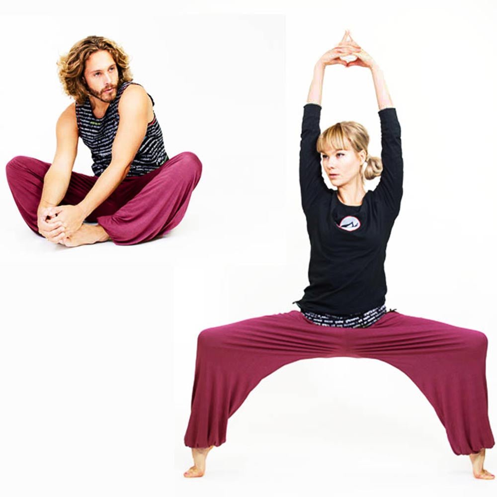 XS / S - (36 / 38) - Pantalon yoga femme large, taille haute repliable en Bambou - Tryambakam mantra imprimé - Accessoires de yoga, vêtements et tapis de yoga au naturel