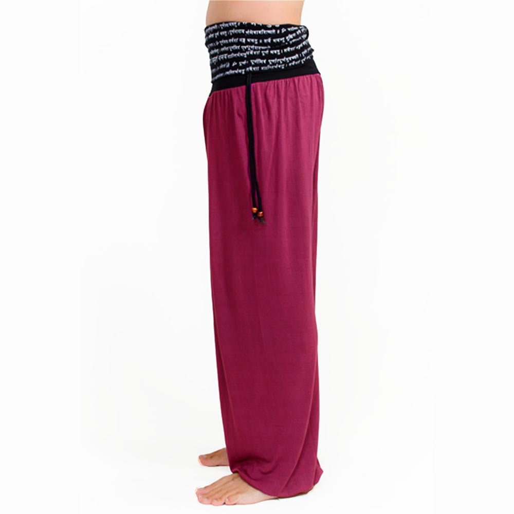 XS / S - (36 / 38) - Pantalon yoga femme large, taille haute repliable en Bambou - Tryambakam mantra imprimé - Accessoires de yoga, vêtements et tapis de yoga au naturel
