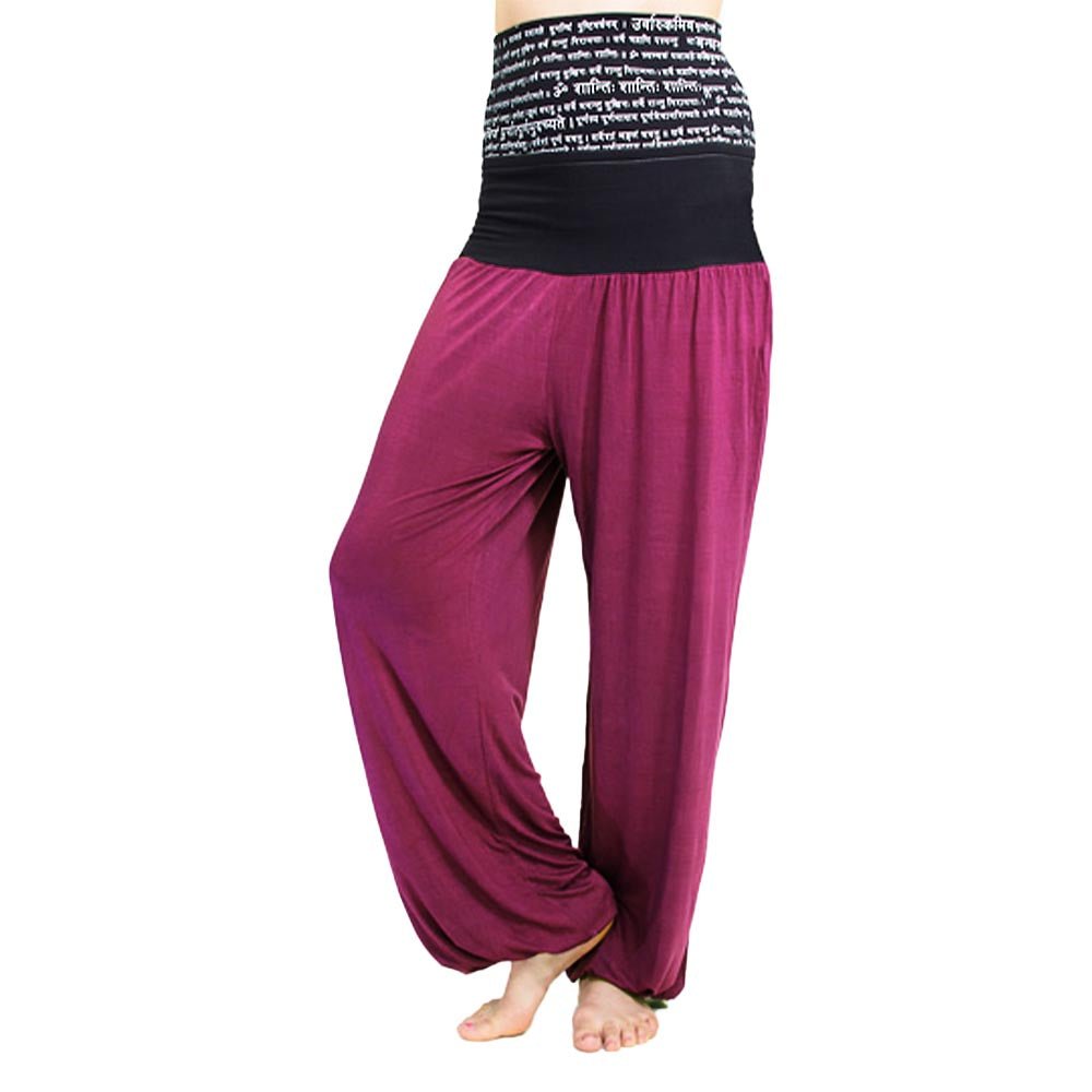 XS / S - (36 / 38) - Pantalon yoga femme large, taille haute repliable en Bambou - Tryambakam mantra imprimé - Accessoires de yoga, vêtements et tapis de yoga au naturel