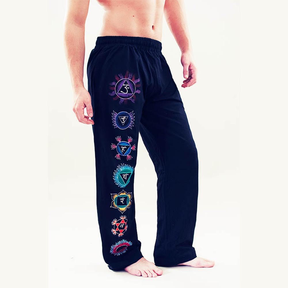 S/M - Pantalon yoga homme ample ultra doux - confort yogi 7 chakras peints à la main - Accessoires de yoga, vêtements et tapis de yoga au naturel