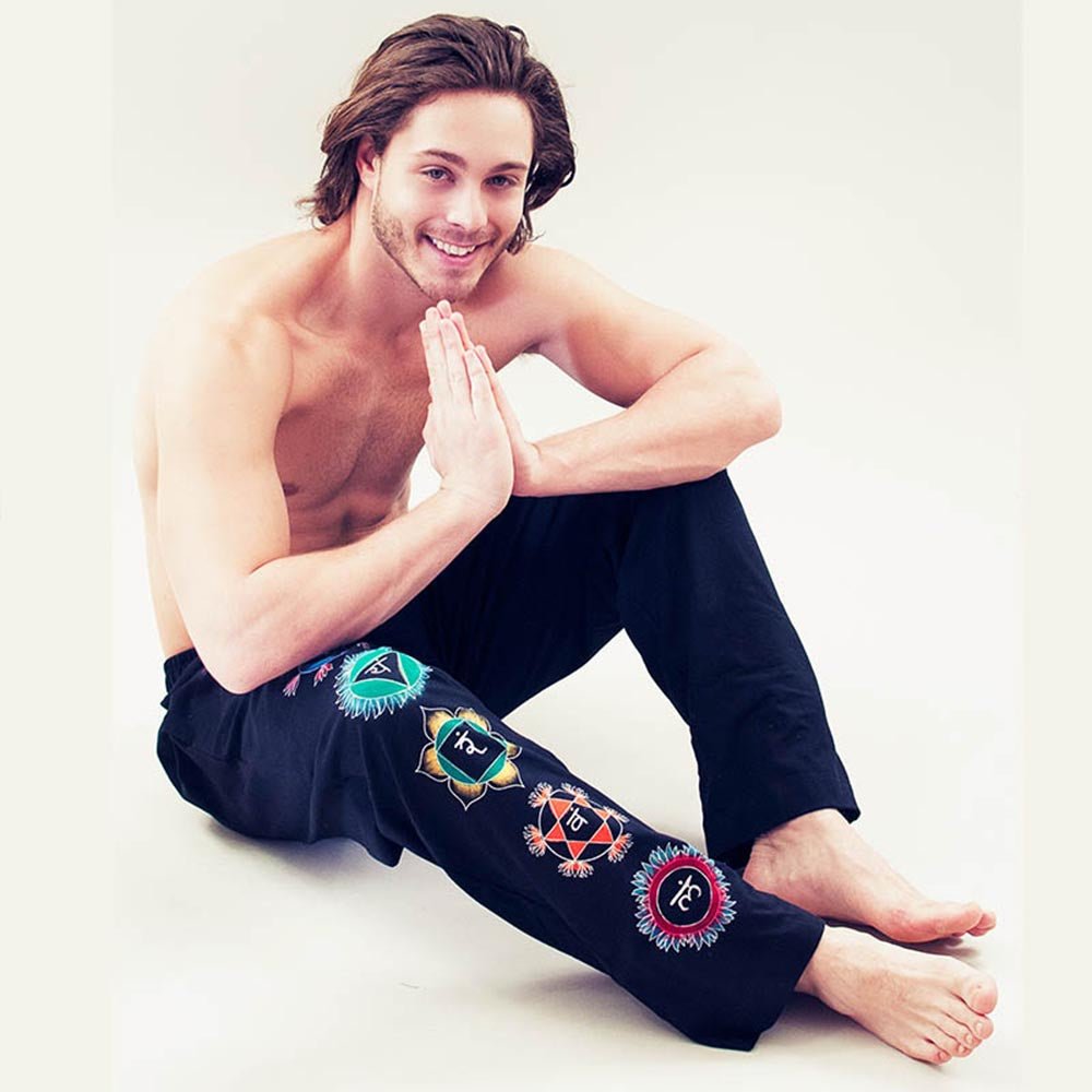 S/M - Pantalon yoga homme ample ultra doux - confort yogi 7 chakras peints à la main - Accessoires de yoga, vêtements et tapis de yoga au naturel