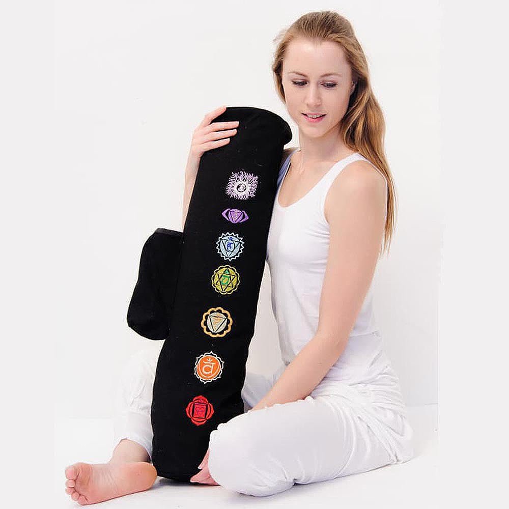 - Sac tapis de yoga, Pilates, fitness canevas de coton- Sept chakras brodés 78x18cm - Accessoires de yoga, vêtements et tapis de yoga au naturel