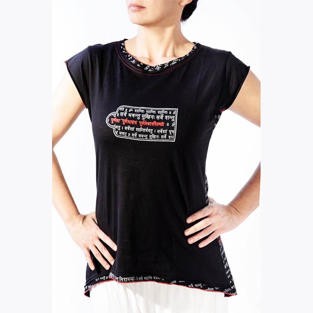 Taille unique XS à M - T-shirt de yoga femme coton biologique - Tryambakam mantra imprimé et brodé - Accessoires de yoga, vêtements et tapis de yoga au naturel