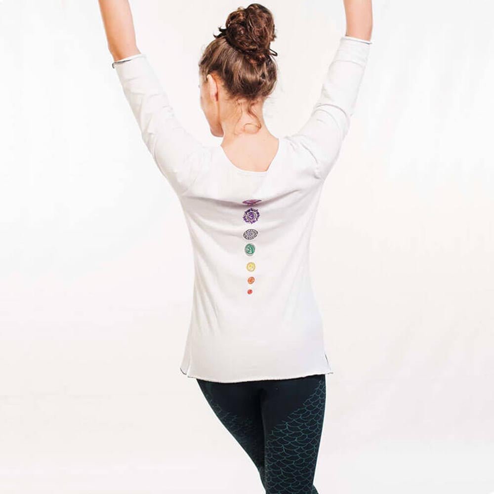 S / M - T-shirt yoga femme ample 100% Bio certifié Gots - Haut de yoga 7 chakras brodés - Accessoires de yoga, vêtements et tapis de yoga au naturel