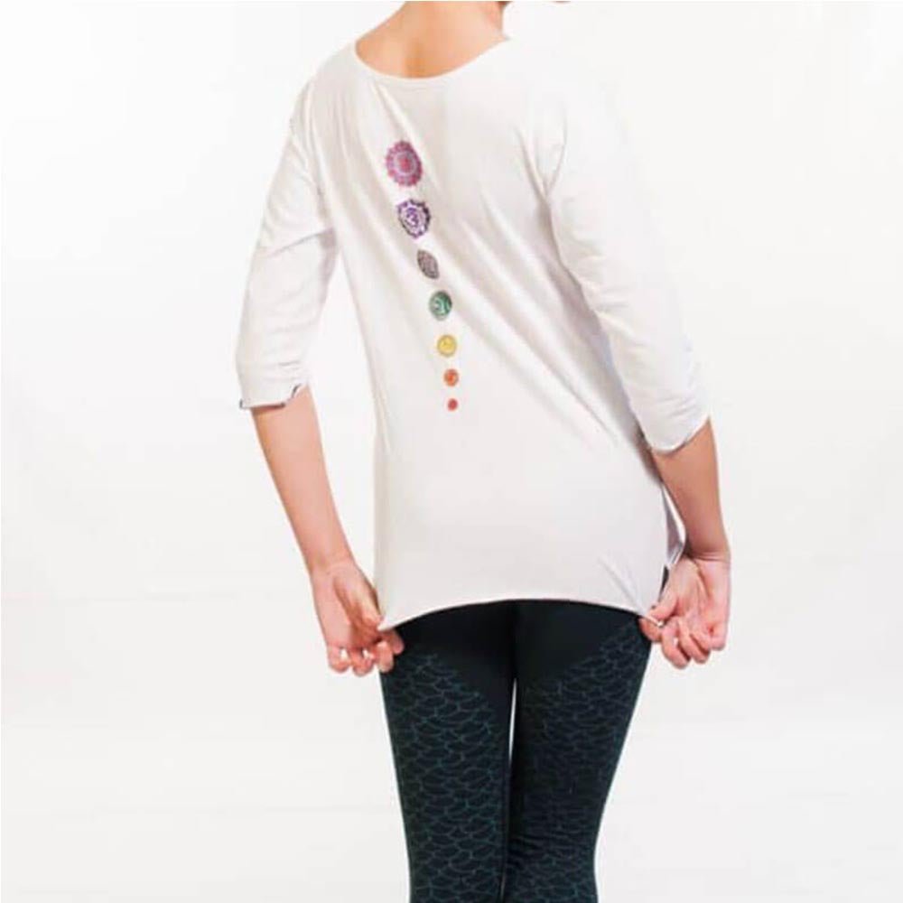 S / M - T-shirt yoga femme ample 100% Bio certifié Gots - Haut de yoga 7 chakras brodés - Accessoires de yoga, vêtements et tapis de yoga au naturel