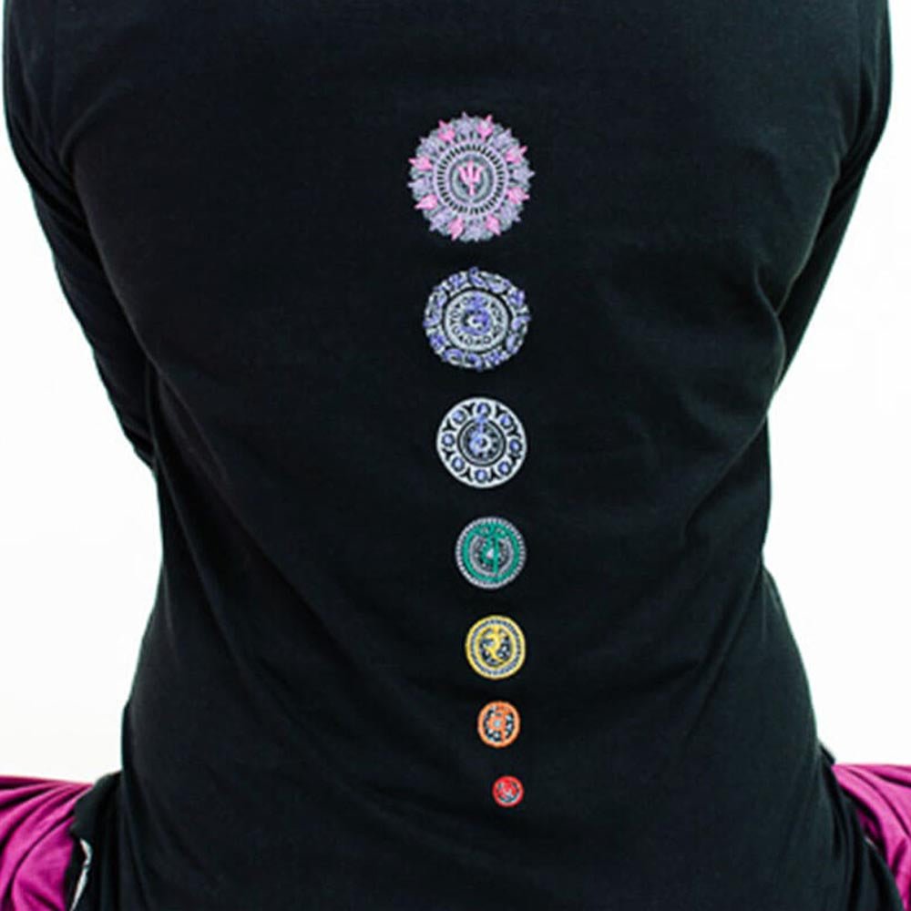 S/ M - T-shirt yoga femme - manches 3/4 - Bio certifié Gots - 7 chakras brodés - Accessoires de yoga, vêtements et tapis de yoga au naturel
