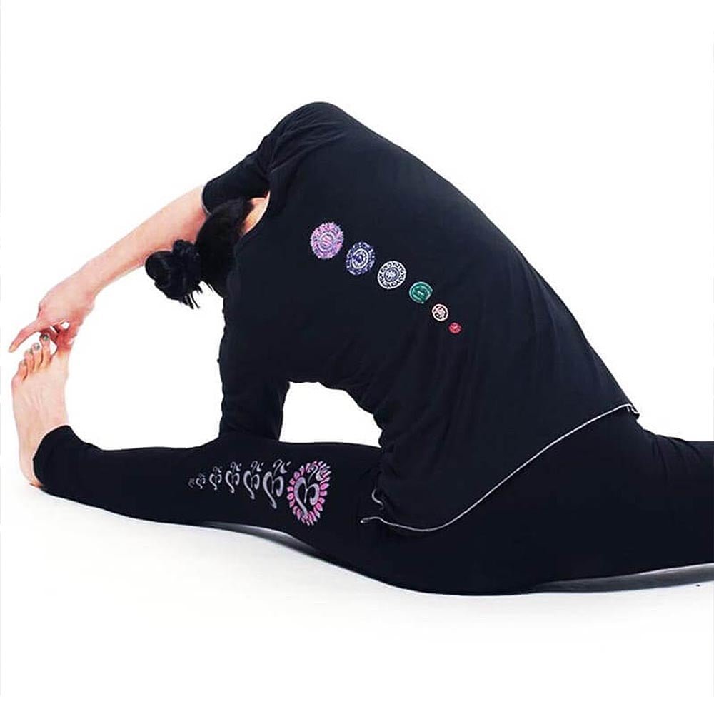 S/ M - T-shirt yoga femme - manches 3/4 - Bio certifié Gots - 7 chakras brodés - Accessoires de yoga, vêtements et tapis de yoga au naturel