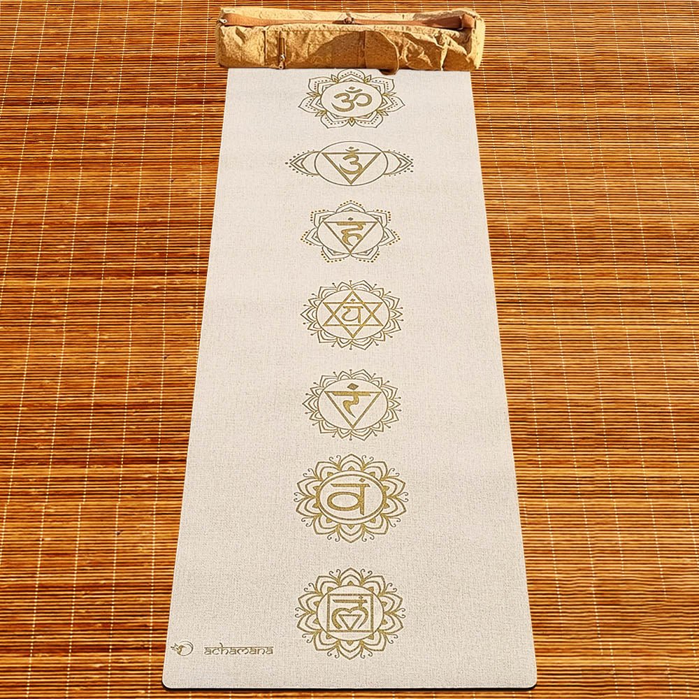 - Tapis de yoga caoutchouc & chanvre 4,5mmx61cmx1,83m 7 chakras Or + Sac transport - Accessoires de yoga, vêtements et tapis de yoga au naturel