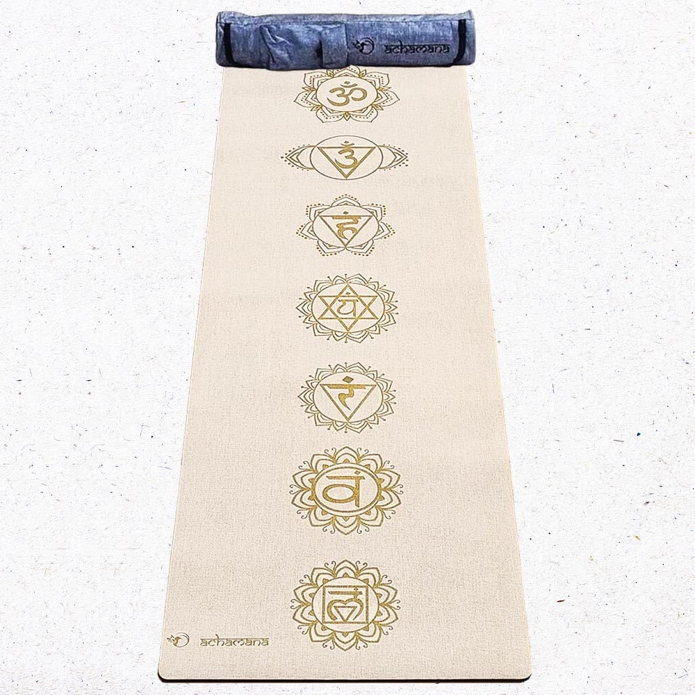 - Tapis de yoga caoutchouc & chanvre 4,5mmx61cmx1,83m 7 chakras Or + Sac transport - Accessoires de yoga, vêtements et tapis de yoga au naturel