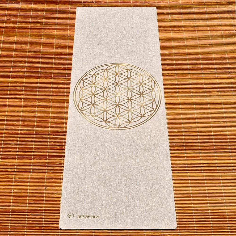 - Tapis de yoga caoutchouc & chanvre 4,5mmx61cmx1,83m Fleur de vie Or + Sac yoga - Accessoires de yoga, vêtements et tapis de yoga au naturel