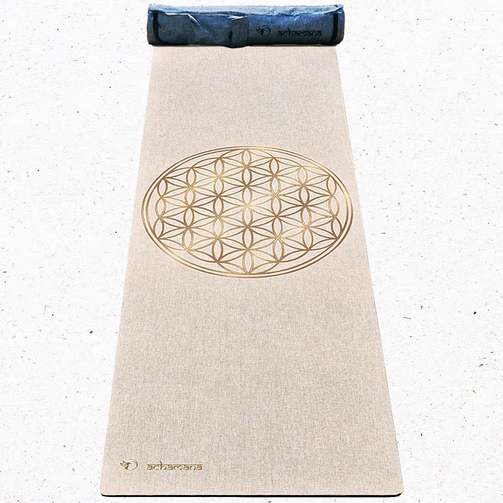 - Tapis de yoga caoutchouc & chanvre 4,5mmx61cmx1,83m Fleur de vie Or + Sac yoga - Accessoires de yoga, vêtements et tapis de yoga au naturel