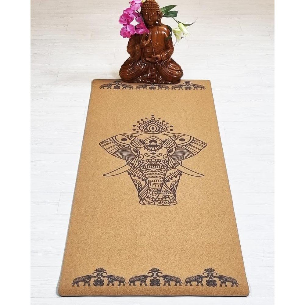 - Tapis de yoga caoutchouc & liège 5mmx68cmx1,83m motif éléphants - Accessoires de yoga, vêtements et tapis de yoga au naturel
