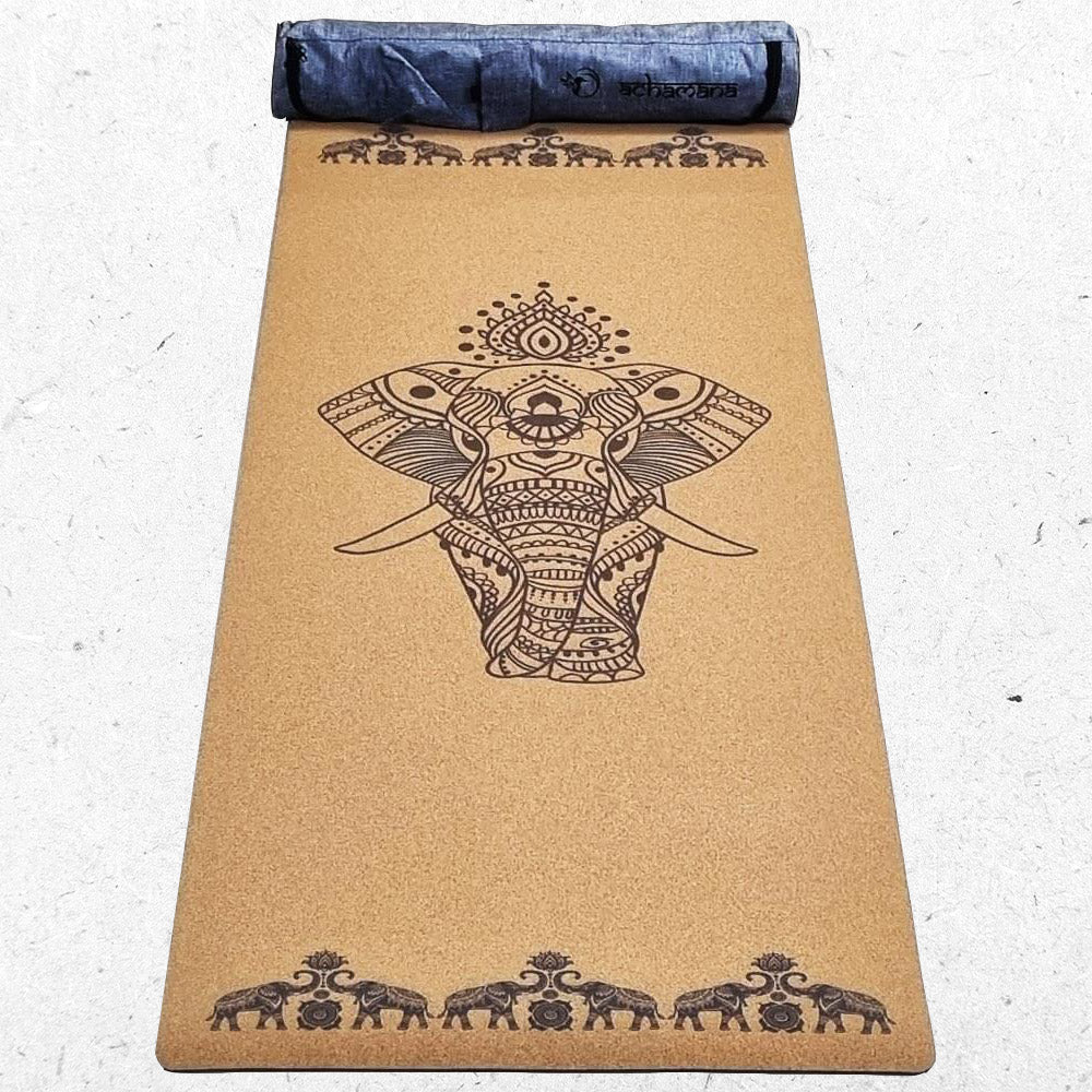 - Tapis de yoga caoutchouc & liège 5mmx68cmx1,83m motif éléphants - Accessoires de yoga, vêtements et tapis de yoga au naturel