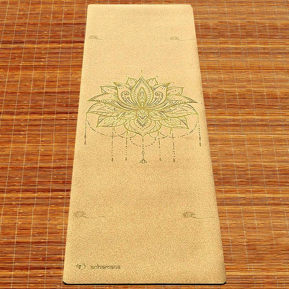 - Tapis de yoga de voyage caoutchouc-liège motif Fleur de lotus Or - Accessoires de yoga, vêtements et tapis de yoga au naturel