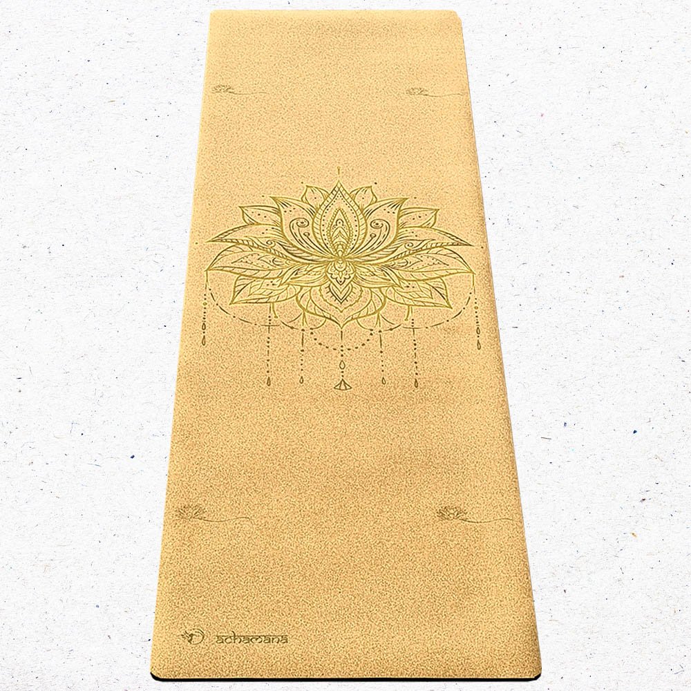 - Tapis de yoga de voyage caoutchouc-liège motif Fleur de lotus Or - Accessoires de yoga, vêtements et tapis de yoga au naturel