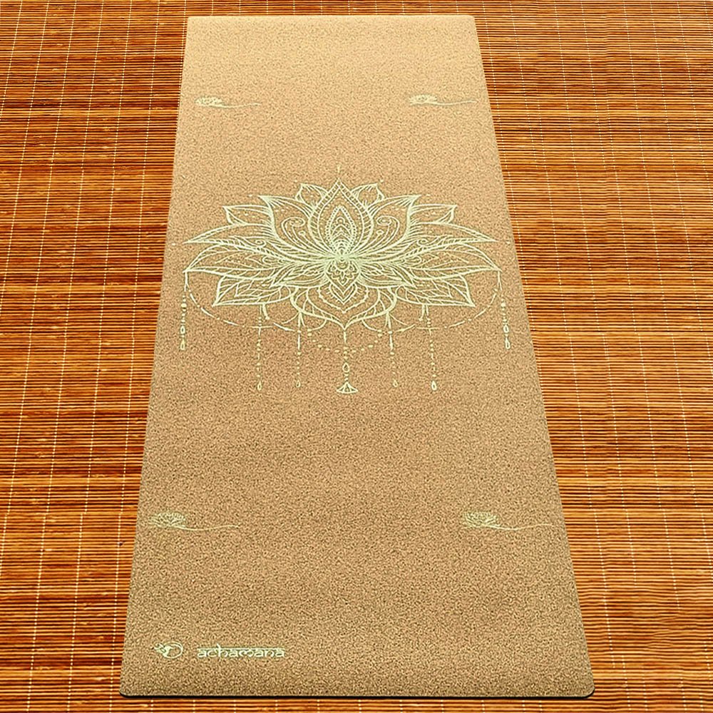 - Tapis de yoga de voyage caoutchouc-liège motif Fleur de lotus Or - Accessoires de yoga, vêtements et tapis de yoga au naturel