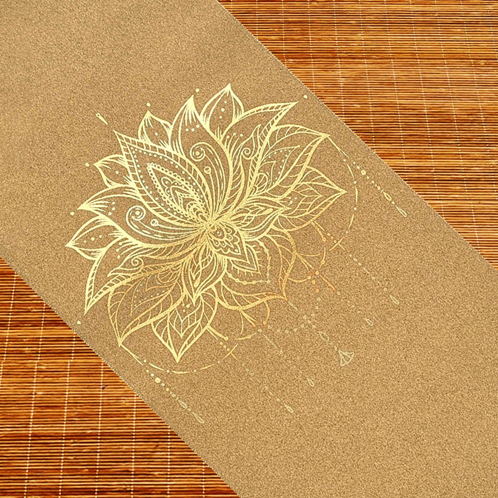 - Tapis de yoga de voyage caoutchouc-liège motif Fleur de lotus Or - Accessoires de yoga, vêtements et tapis de yoga au naturel