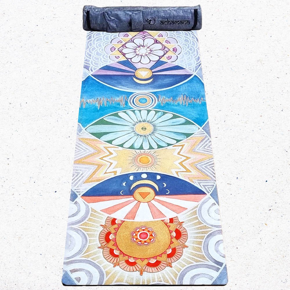 - Tapis yoga écologique new génération 3 plis 6mm chakras artistiques + Sac yoga - Accessoires de yoga, vêtements et tapis de yoga au naturel