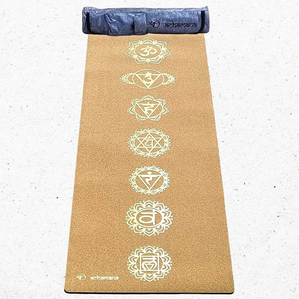- Tapis yoga liège nouvelle génération, 3 plis, 6 mm, 7 chakras or + Sac yoga - Accessoires de yoga, vêtements et tapis de yoga au naturel