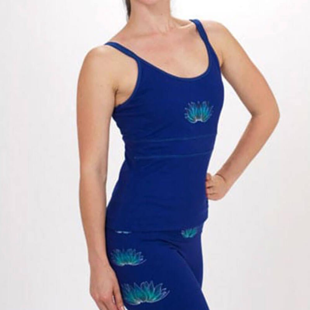 XS - Tee shirt yoga femme coton coupe camisole bretelles réglables fleur lotus bleu - Accessoires de yoga, vêtements et tapis de yoga au naturel