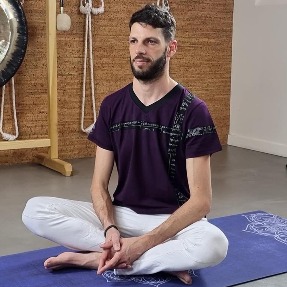 S/M - Tee shirt yoga homme Bambou & coton Bio certifié Gots - patch Mantra - Accessoires de yoga, vêtements et tapis de yoga au naturel