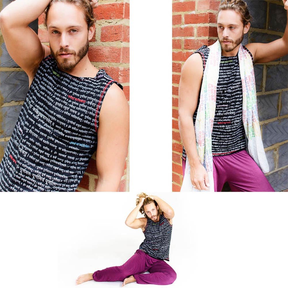 S/M - Tee shirt yoga homme Coton biologique - Mantra Tryambakam imprimé et brodé - Accessoires de yoga, vêtements et tapis de yoga au naturel