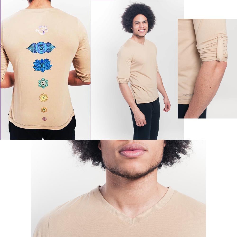 S/M - Tee shirt yoga homme coton premium extra doux Sept Chakras peints à la main - Accessoires de yoga, vêtements et tapis de yoga au naturel