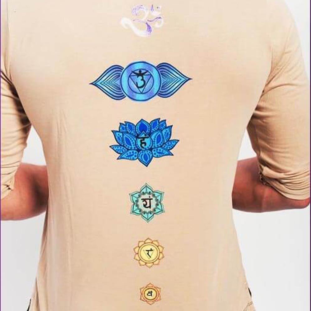 S/M - Tee shirt yoga homme coton premium extra doux Sept Chakras peints à la main - Accessoires de yoga, vêtements et tapis de yoga au naturel